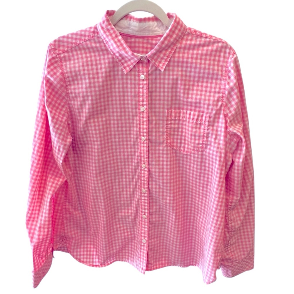 Vintage Pink and White Graham Button Up Long Sleeve Blouse. Size = Extra Large